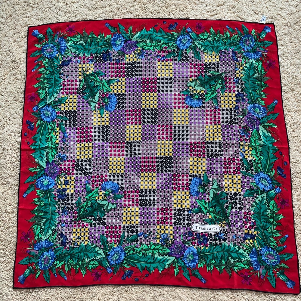 Tiffany and co vibrant multicolored red silk scarf